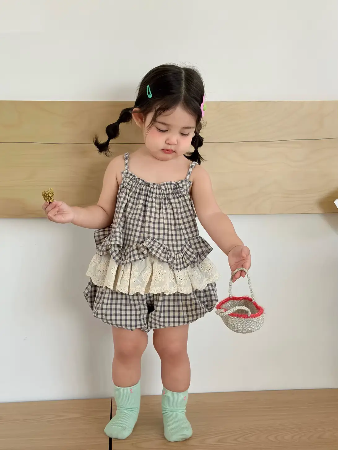 Girls Cotton Dress SET Plaid Strap 2-piece 100 Anti-bacterial Wholesale product image 3