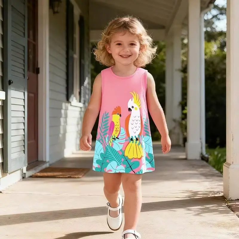 Girls Cotton Cartoon Printed Princess Dress Sweet O-neck Knee-length Wholesale