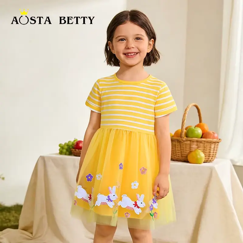 Girls Cotton Mesh Cartoon Striped Rabbit Princess Dress Embroidery Wholesale
