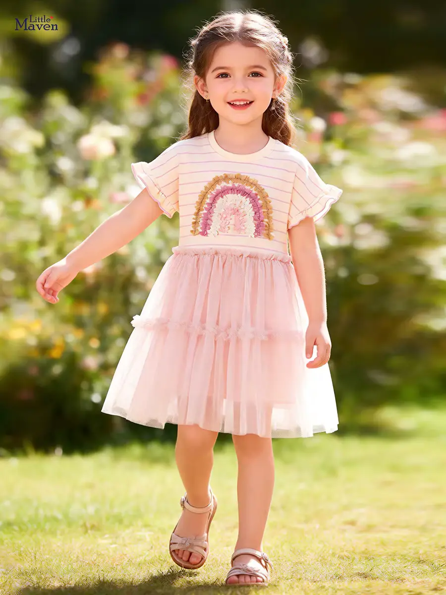 Cotton Princess Dress 100 Appliqued O-neck Patchwork Knee-length Girl Wholesale