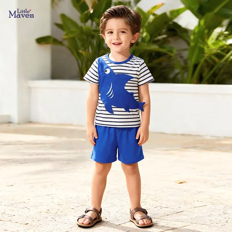Boys Cotton Cartoon Striped T-shirt Shorts SET Fabric Two-piece Wholesale