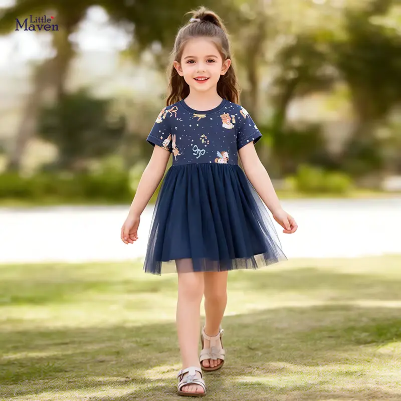 Girls Cotton Mesh Cartoon Print Princess Dress With Short Wholesale