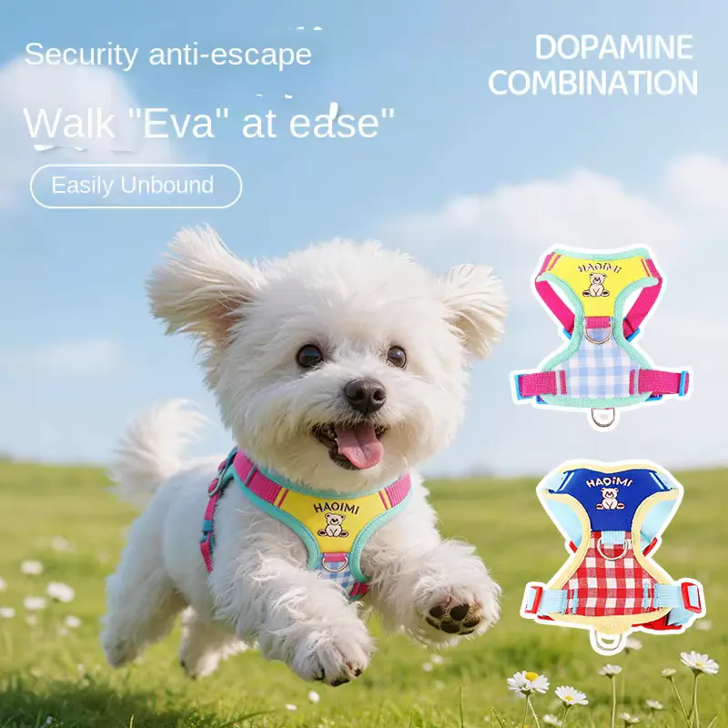 Bear Embroidery Plaid DOG Harness Escape-proof Adjustable Padded Chest OEM Wholesale