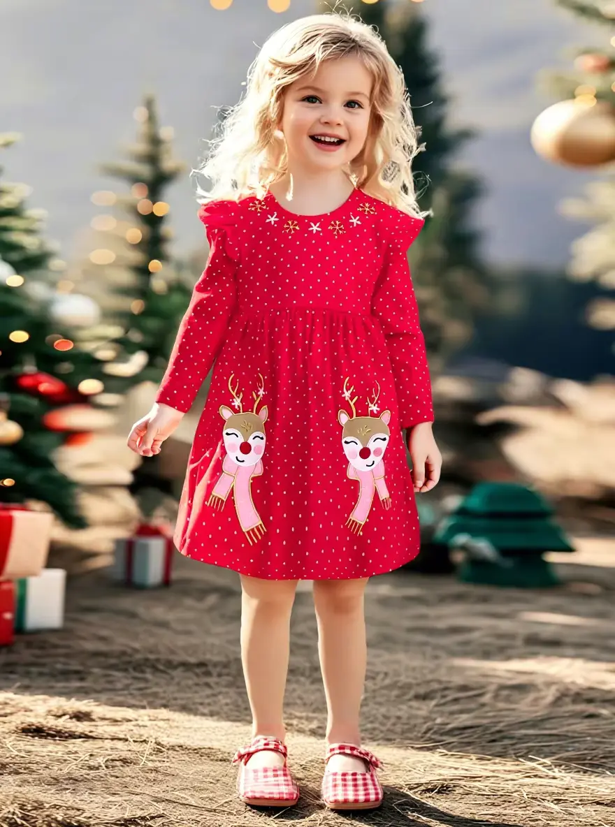 Girls Cotton Cartoon Printed Knee-length 100 Long Sleeve A-line Clothing Wholesale