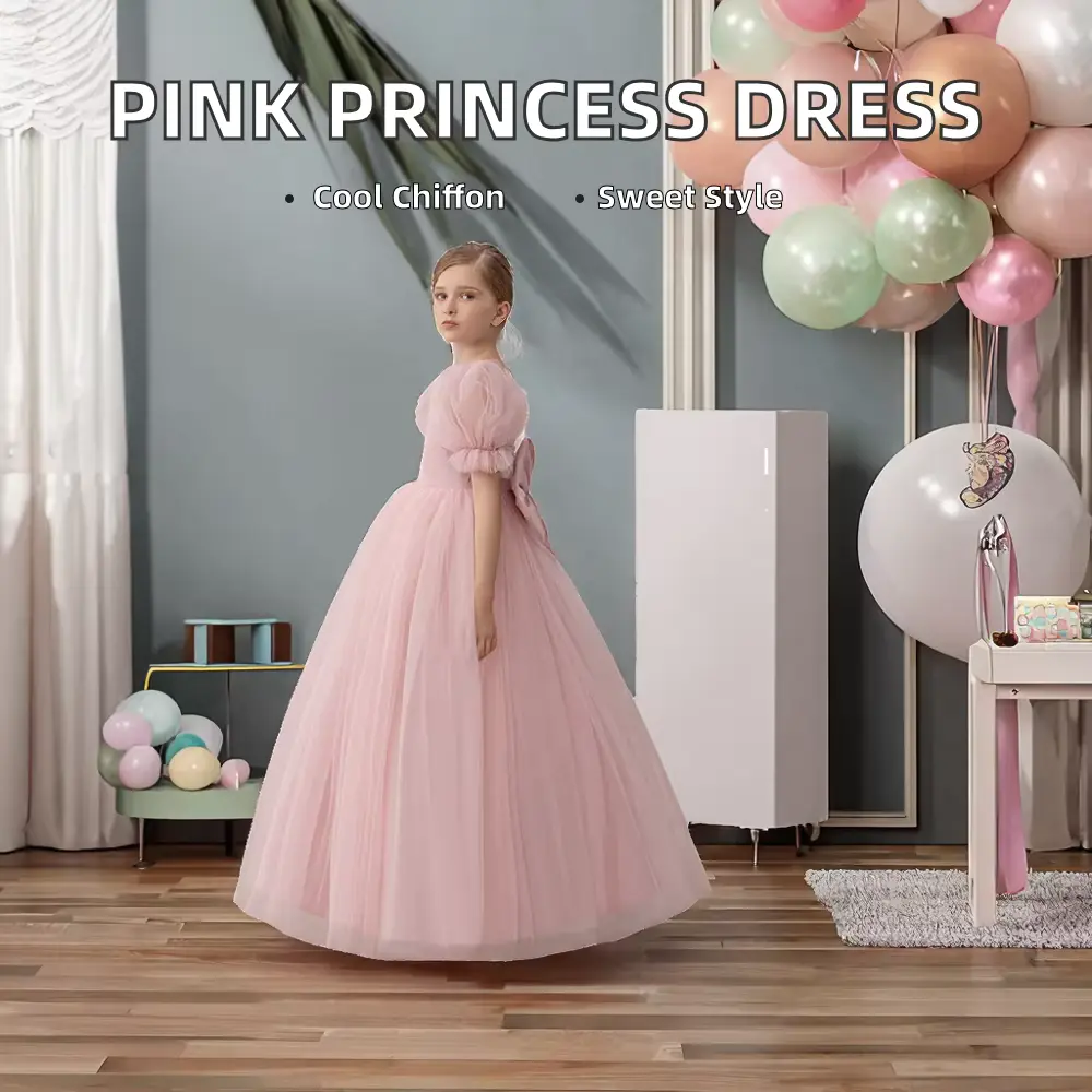 Girls Princess Dress Elegant Layered Sweet Chiffon Pink O-neck Wholesale
