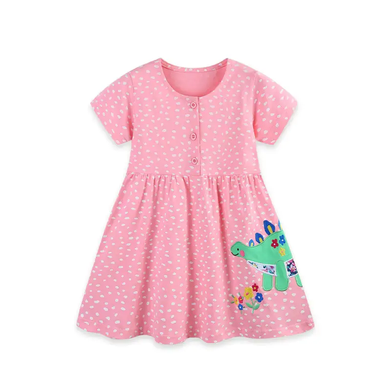 Girls Cotton Princess O-neck Sweet Crocheted Appliques Short Sleeve Clothing Wholesale