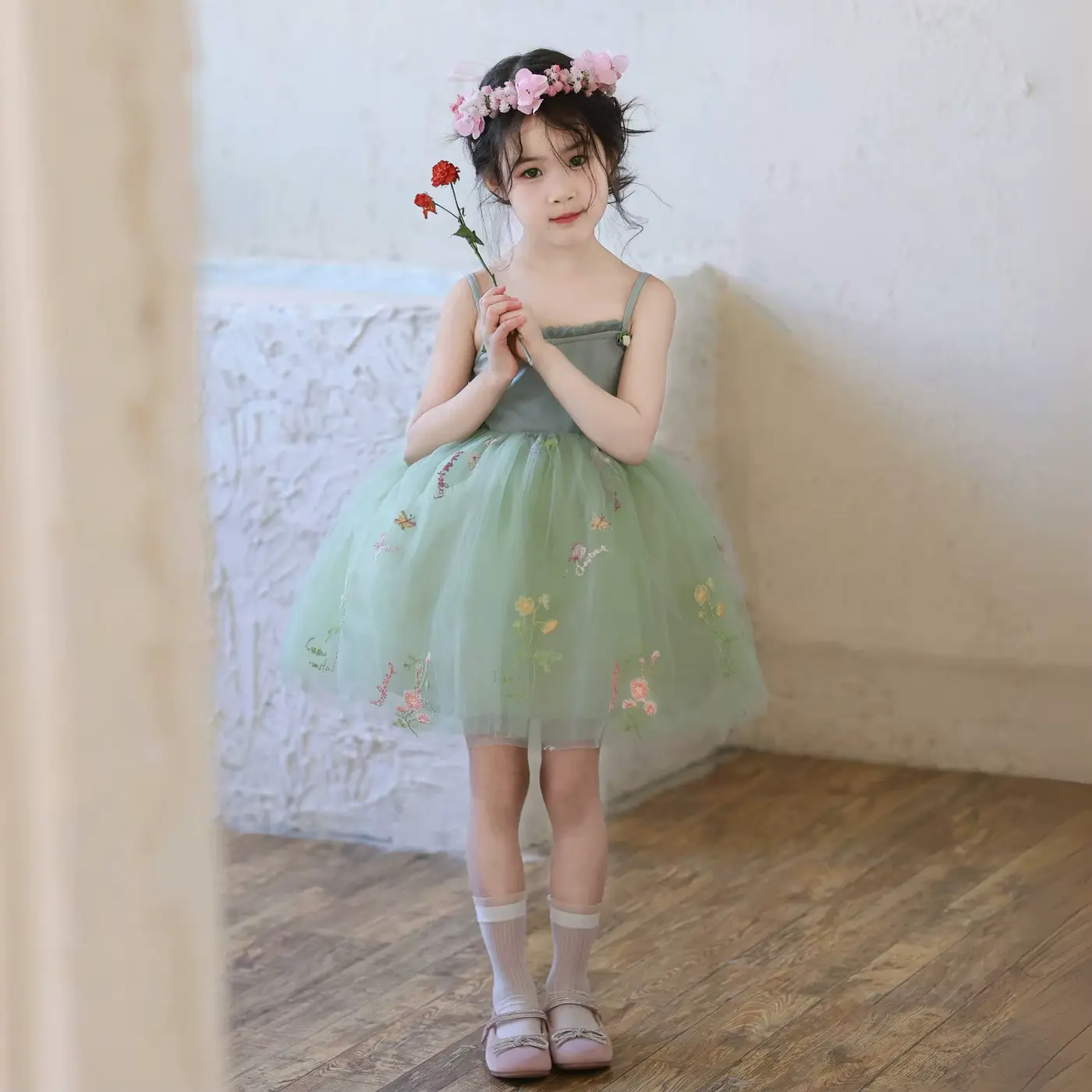 Girls Princess Dress Outfit Floral Embroidery Tulle Sage Green Wholesale product image 4