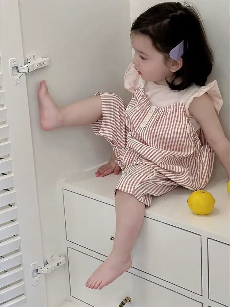 Girls Cotton Striped Anti-bacterial Rompers Tiered Decoration Short Sleeves Clothing Wholesale
