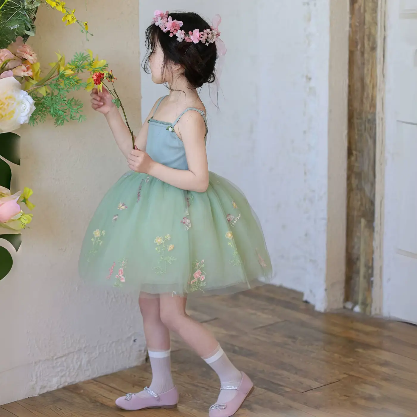 Girls Princess Dress Outfit Floral Embroidery Tulle Sage Green Wholesale product image 3