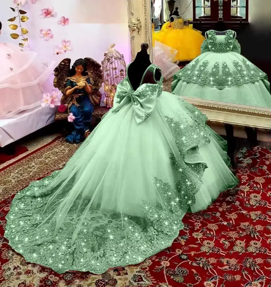 Princess Green Tulle Crystal Applique BOW Sleeveless Puffy Floor OEM Wholesale product image 2