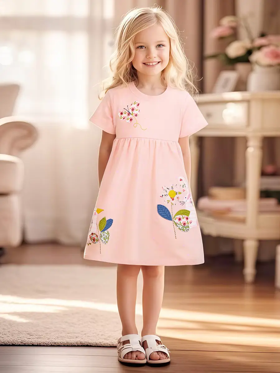Girls Cotton 100 Straight Sweet Floral Neck Dresses Breathable Clothing Wholesale