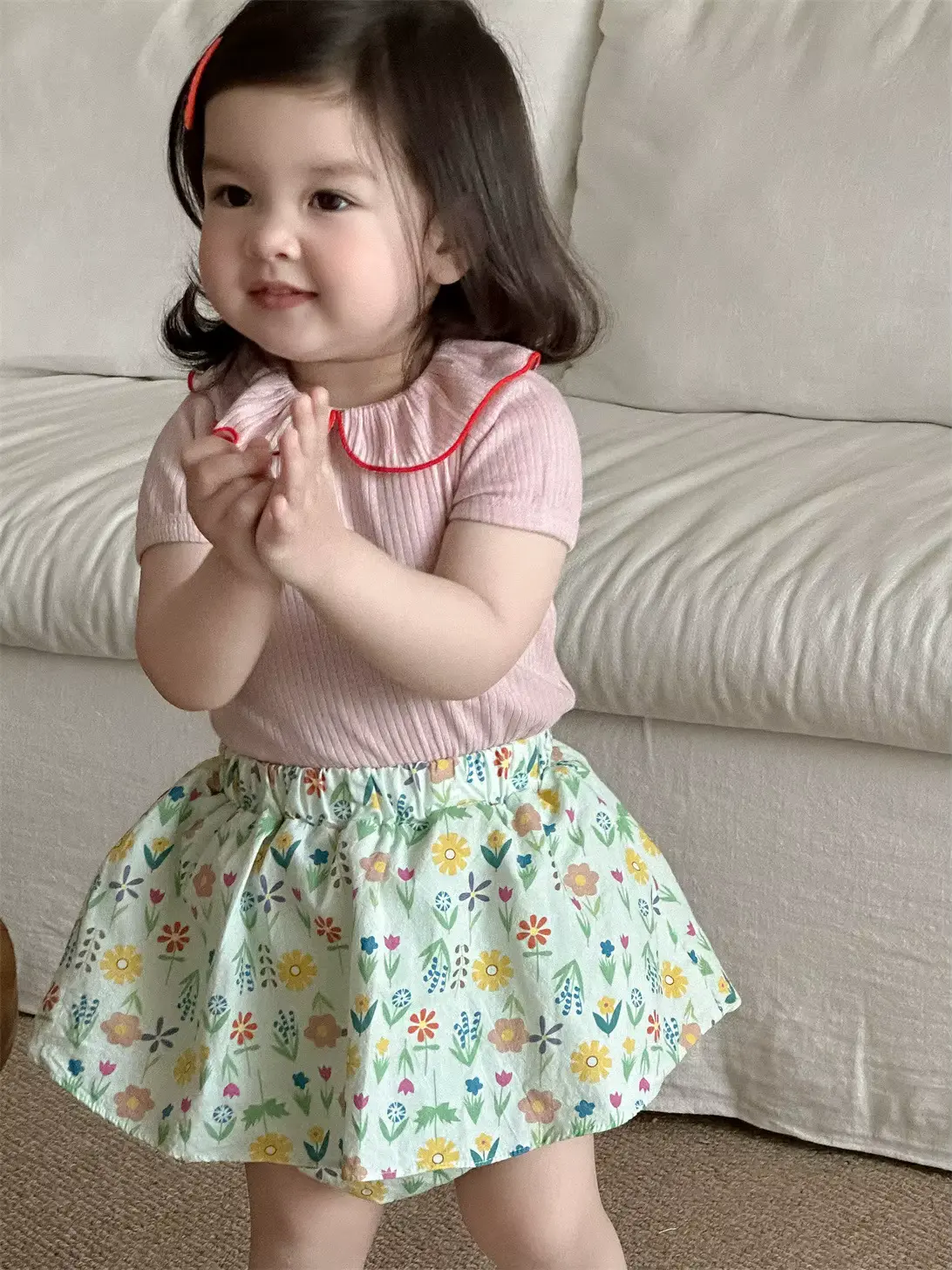 Girls Cotton SET Anti-bacterial Floral O-neck Short Sleeve Doll Wholesale product image 2