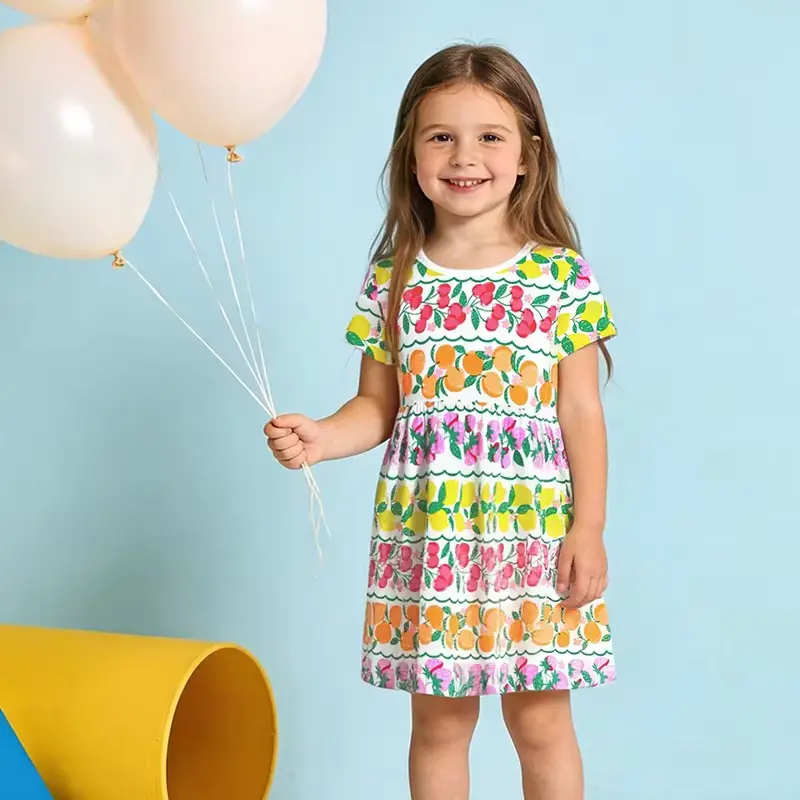 Girls Cotton Cartoon Printed Princess Dress Fruit Knitted Soft Wholesale