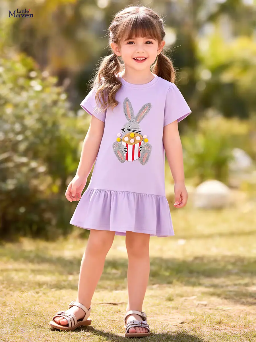 Girls Cotton Cartoon Dress A-line Appliqued Polyester Blend Short Wholesale