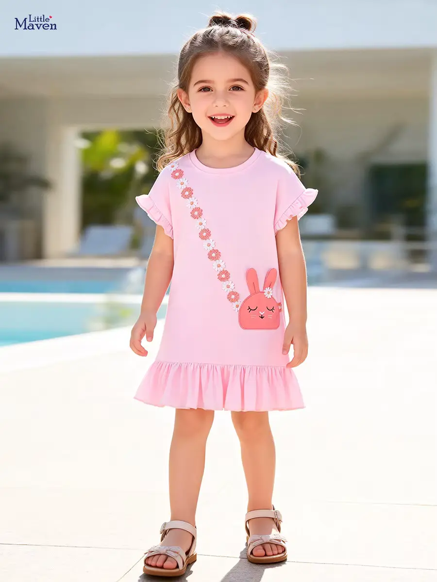 Girls Cotton Cartoon Print Dress A-line Polyester Blend Appliqued Wholesale