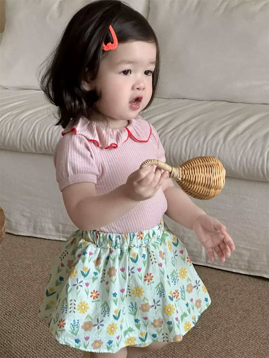 Girls Cotton SET Anti-bacterial Floral O-neck Short Sleeve Doll Wholesale