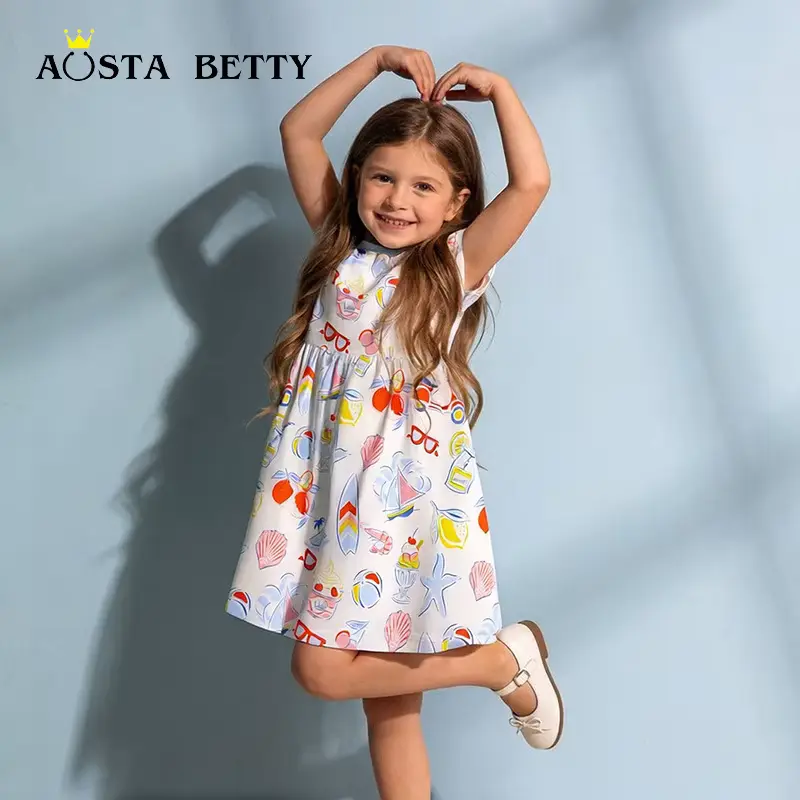Girls Cotton Cartoon Printed Princess Dress Soft Knitted O-neck Wholesale