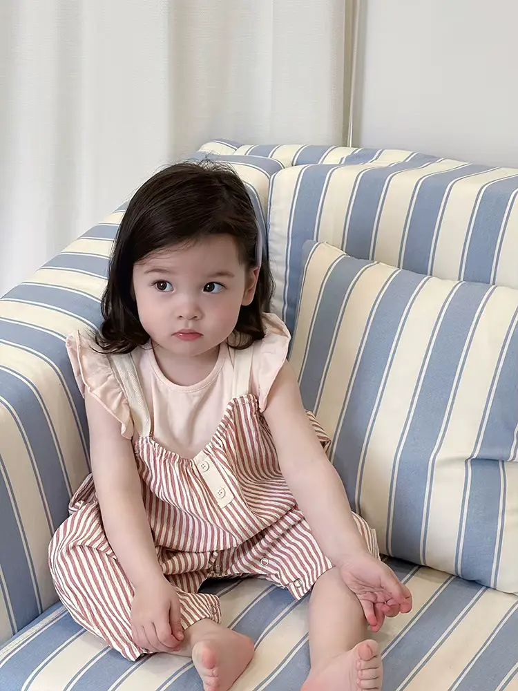 Girls Cotton Striped Anti-bacterial Rompers Tiered Decoration Short Sleeves Clothing Wholesale product image 3