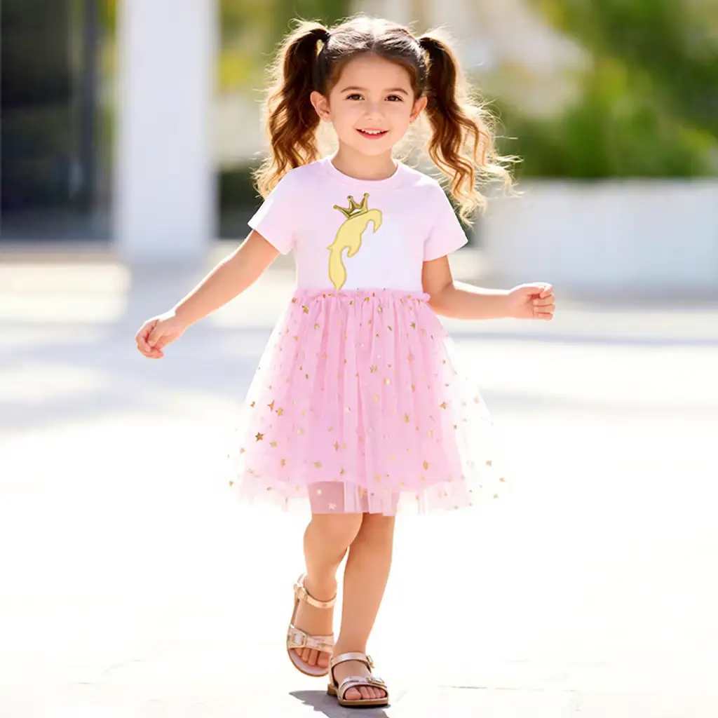 Girls Cotton Mesh Cartoon Printed Princess Dress Ball Gown Wholesale
