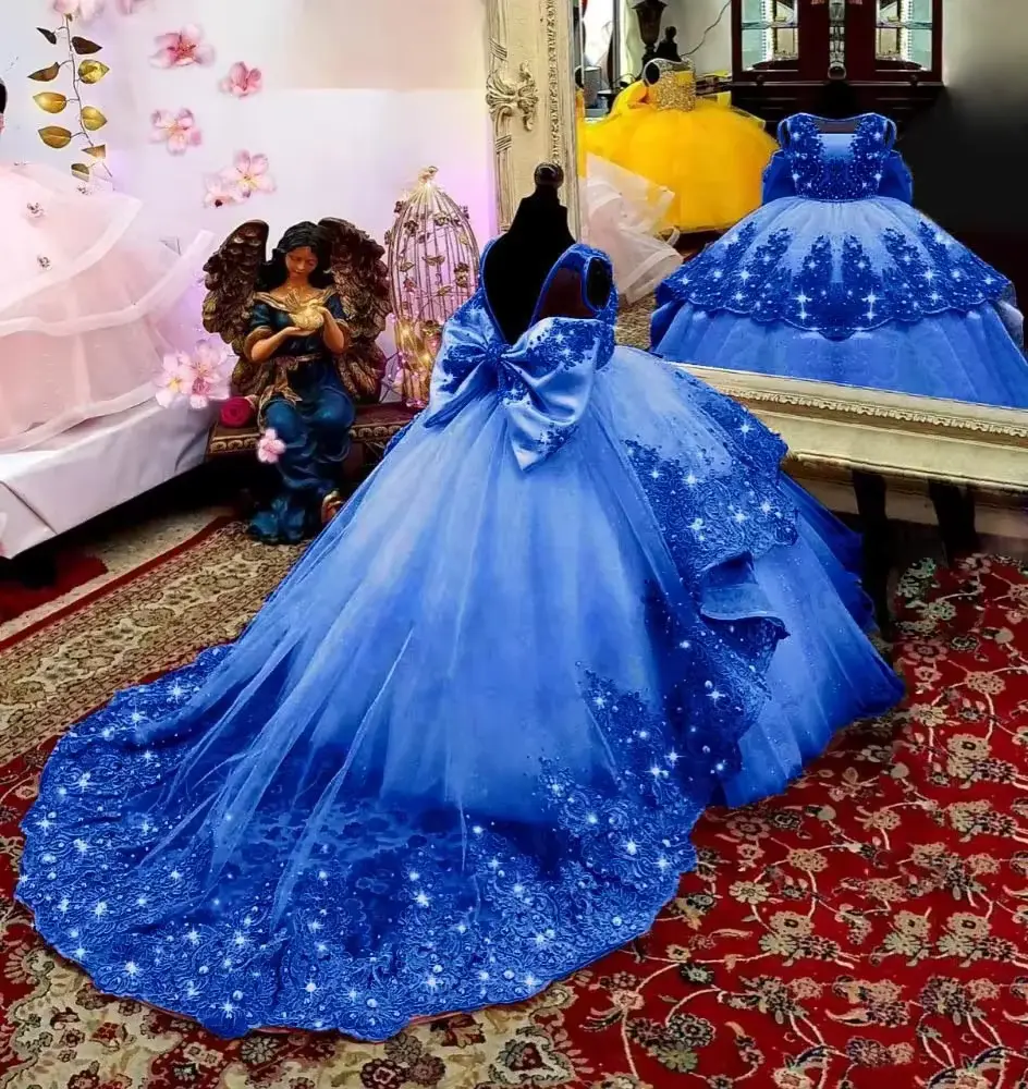 Princess Green Tulle Crystal Applique BOW Sleeveless Puffy Floor OEM Wholesale
