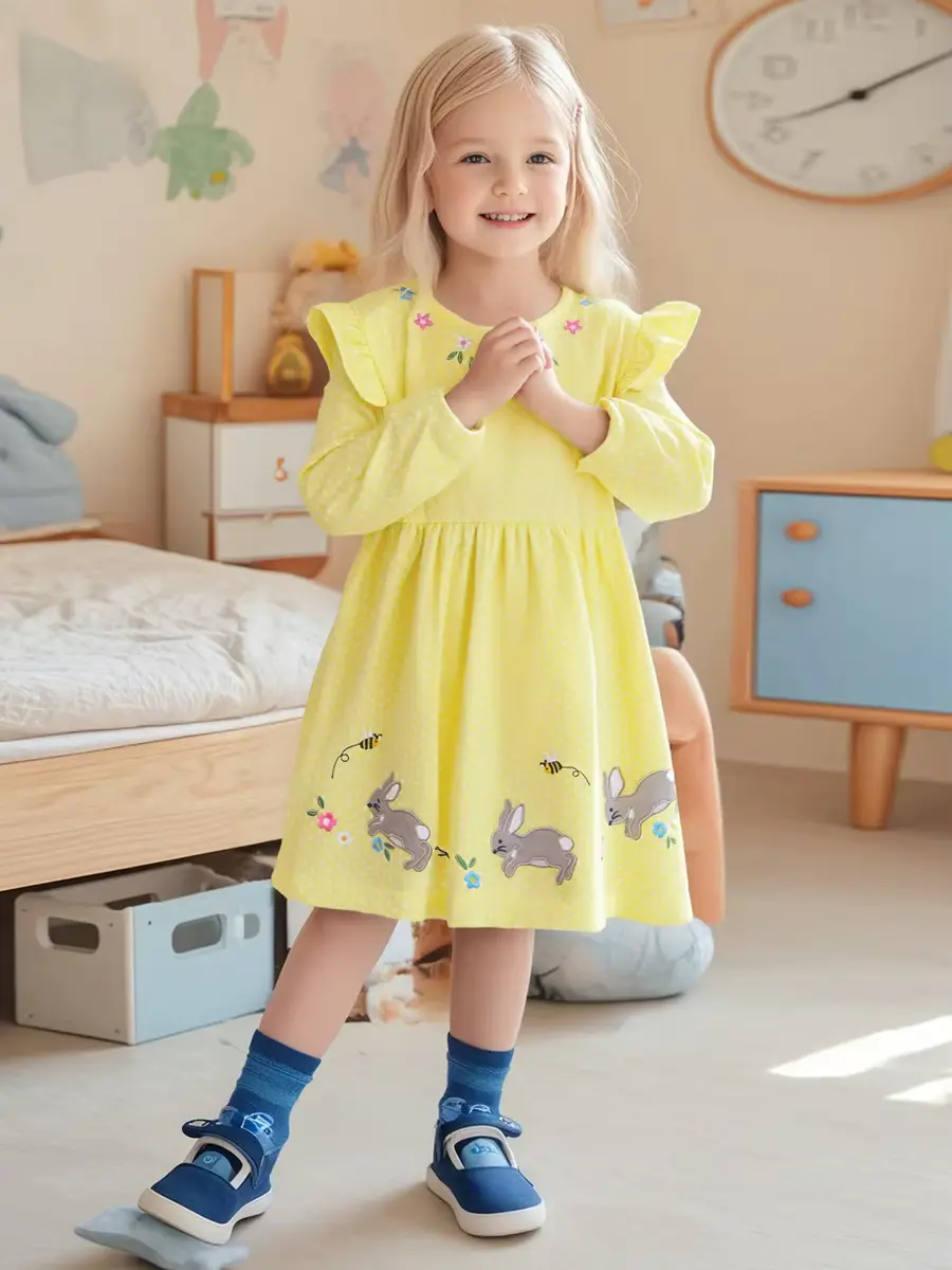 Girls Cotton Cartoon Dress O-neck Polka DOT A-line Long Wholesale