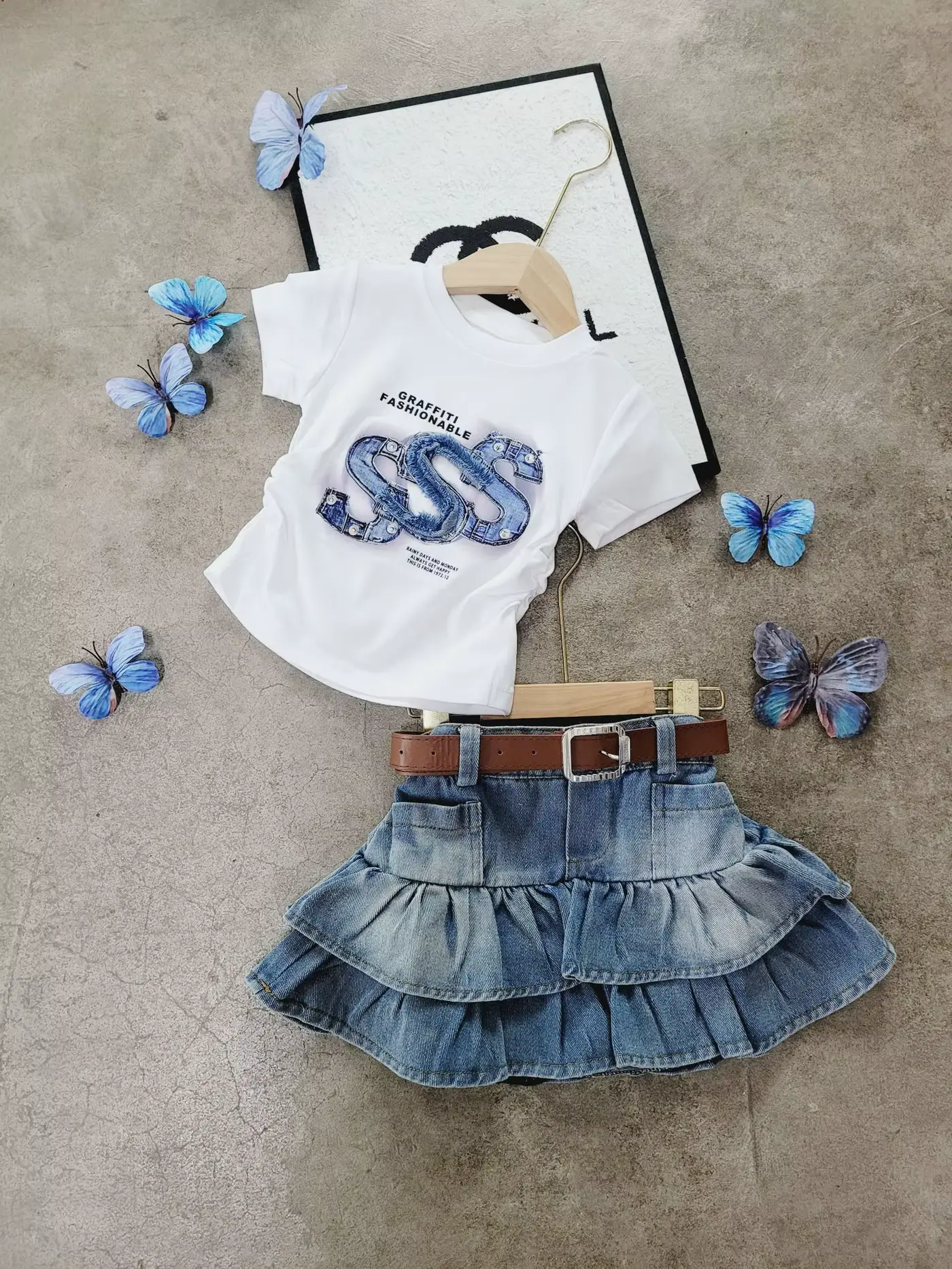 Girls Skirt Young Denim Patch Short Sleeve Overskirt Suit Wholesale