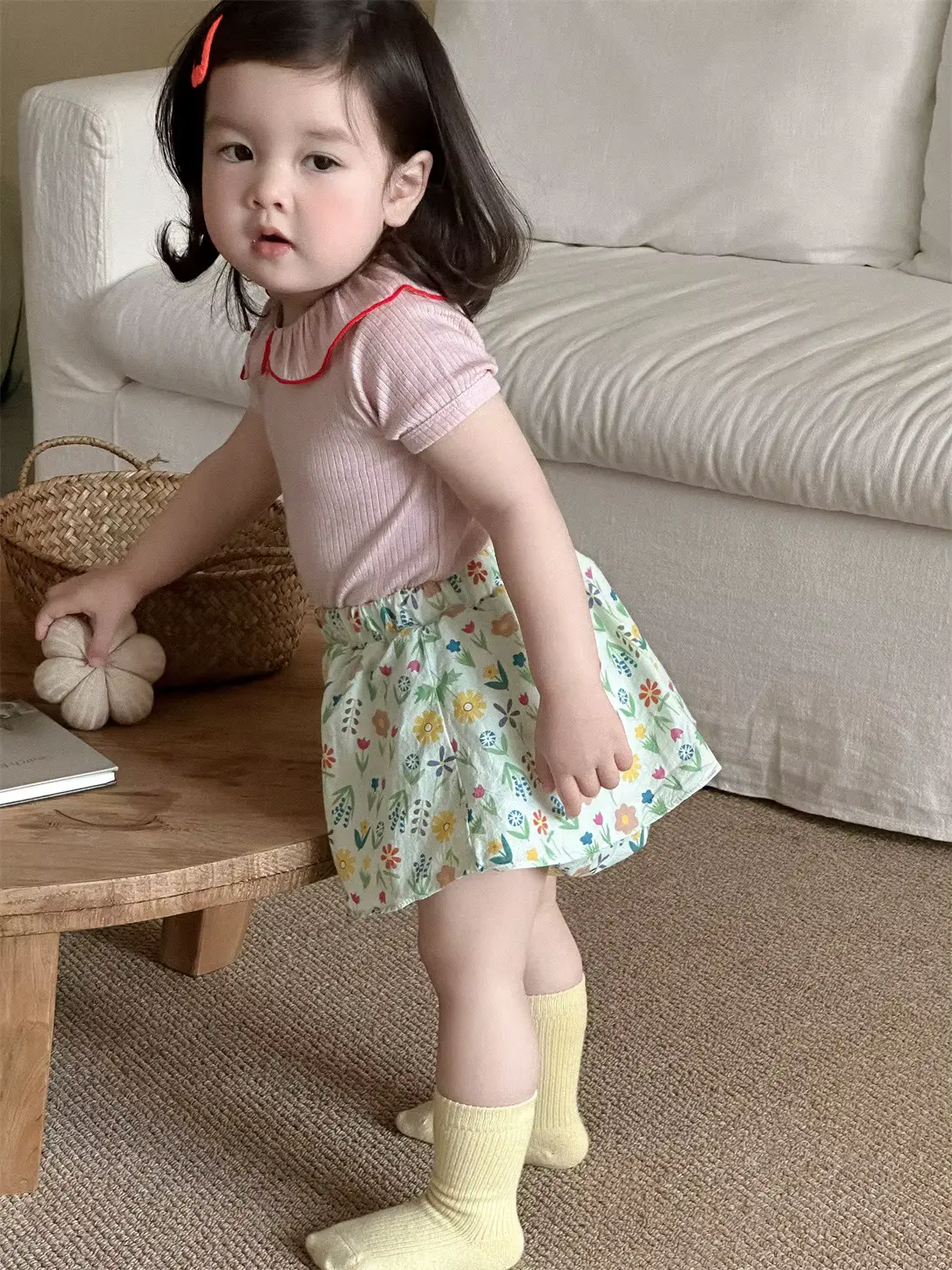 Girls Cotton SET Anti-bacterial Floral O-neck Short Sleeve Doll Wholesale product image 4