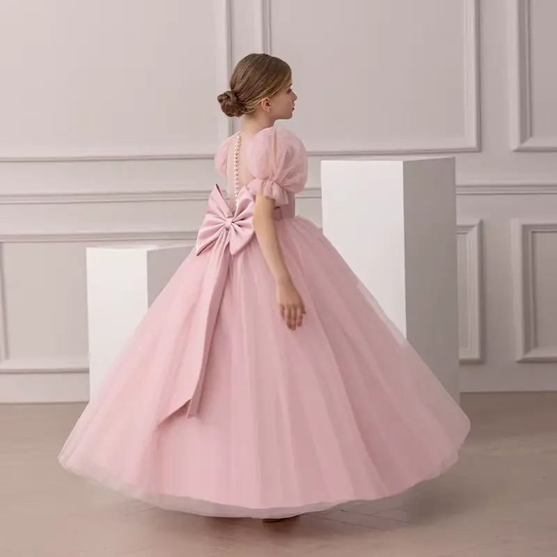Girls Princess Dress Elegant Layered Sweet Chiffon Pink O-neck Wholesale product image 3