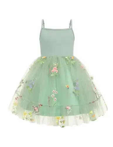 Girls Princess Dress Outfit Floral Embroidery Tulle Sage Green Wholesale