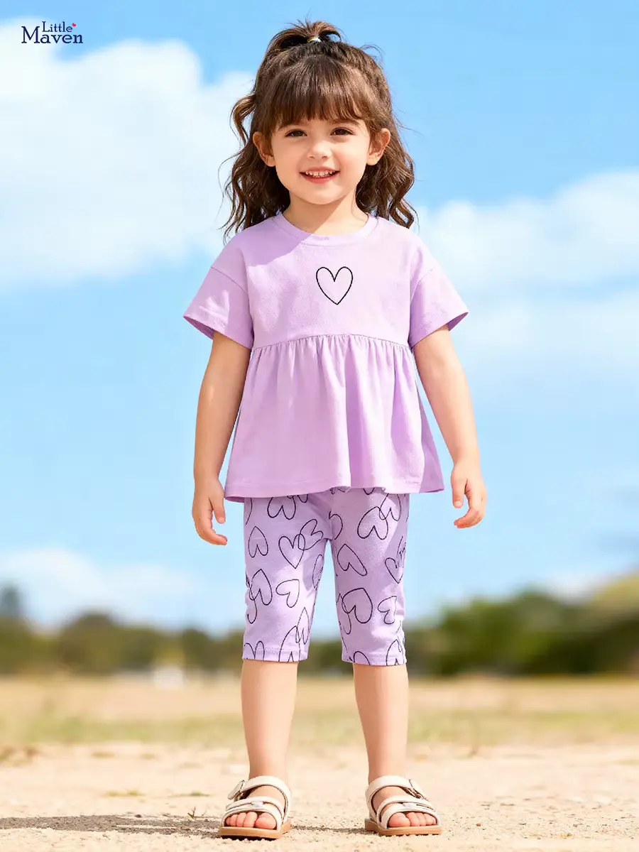 Girls Cotton T-shirt SET Wear Geometric Pattern Center Logo Wholesale