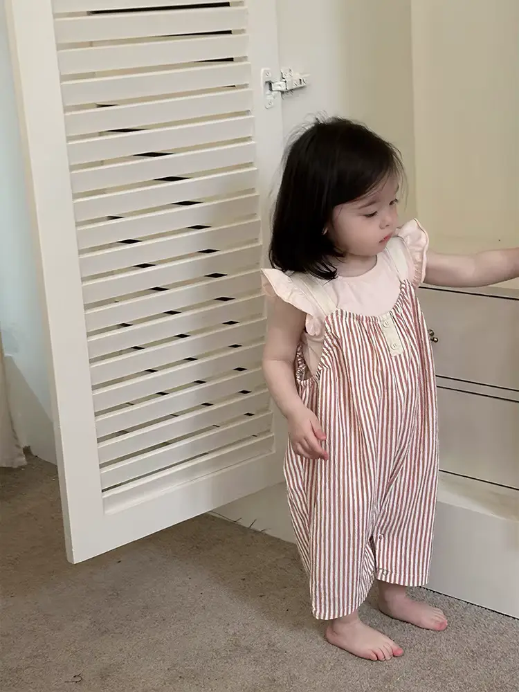Girls Cotton Striped Anti-bacterial Rompers Tiered Decoration Short Sleeves Clothing Wholesale product image 2