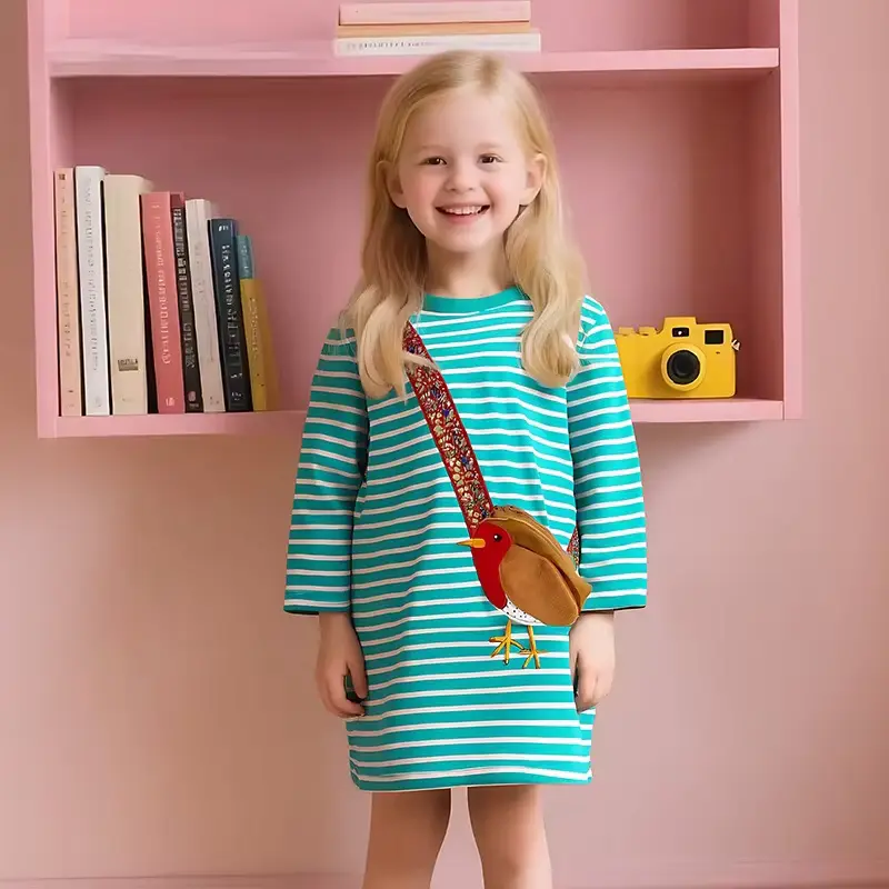 Girls Cotton Cartoon Striped Printed Princess Dress Neck Half Wholesale