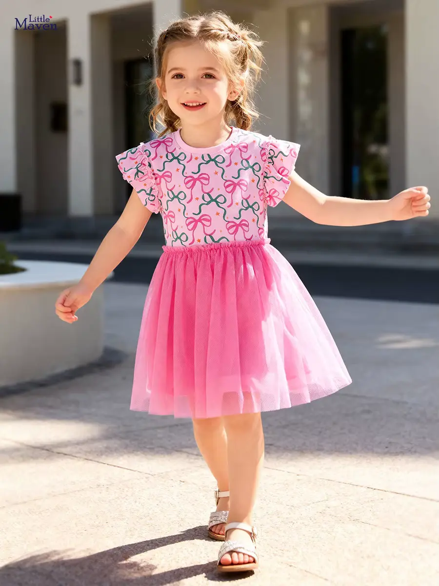 Girls Cotton Mesh Cartoon Printed Dress Polyester Mini With Wholesale