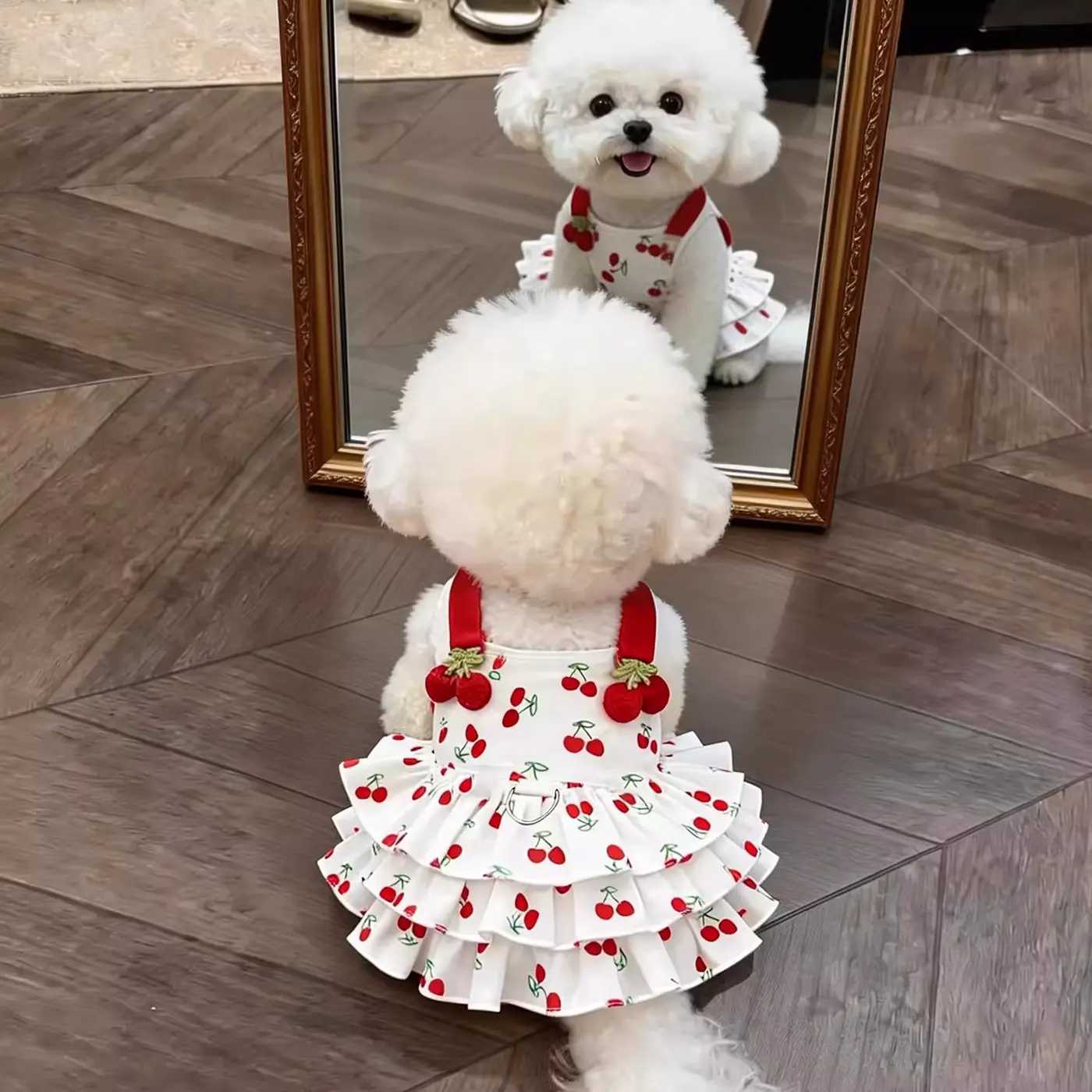 Print Dress Skirt Outfit White Cherry DOG Harness Tiered Wholesale product image 3