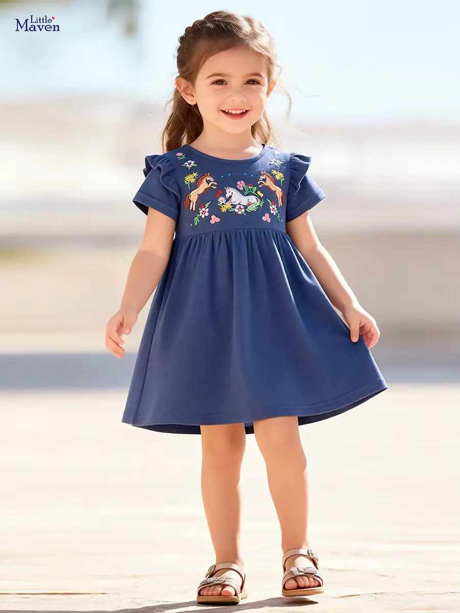 Girls Cotton Print Animal Dress Trendy O-neck Sweet Design Wholesale