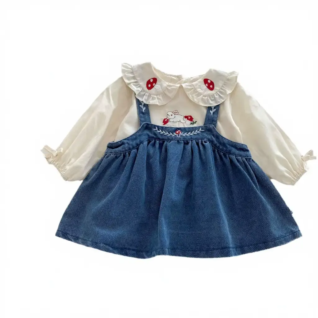 Cotton Cartoon Dress SET Girl Sweet Denim Newborn White Wholesale product image 3