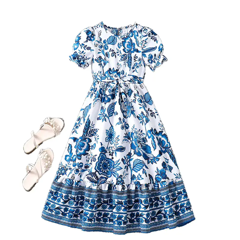 Girls ODM Solid Sweet A-line Neck Knee-length Breathable Dresses Clothing Wholesale