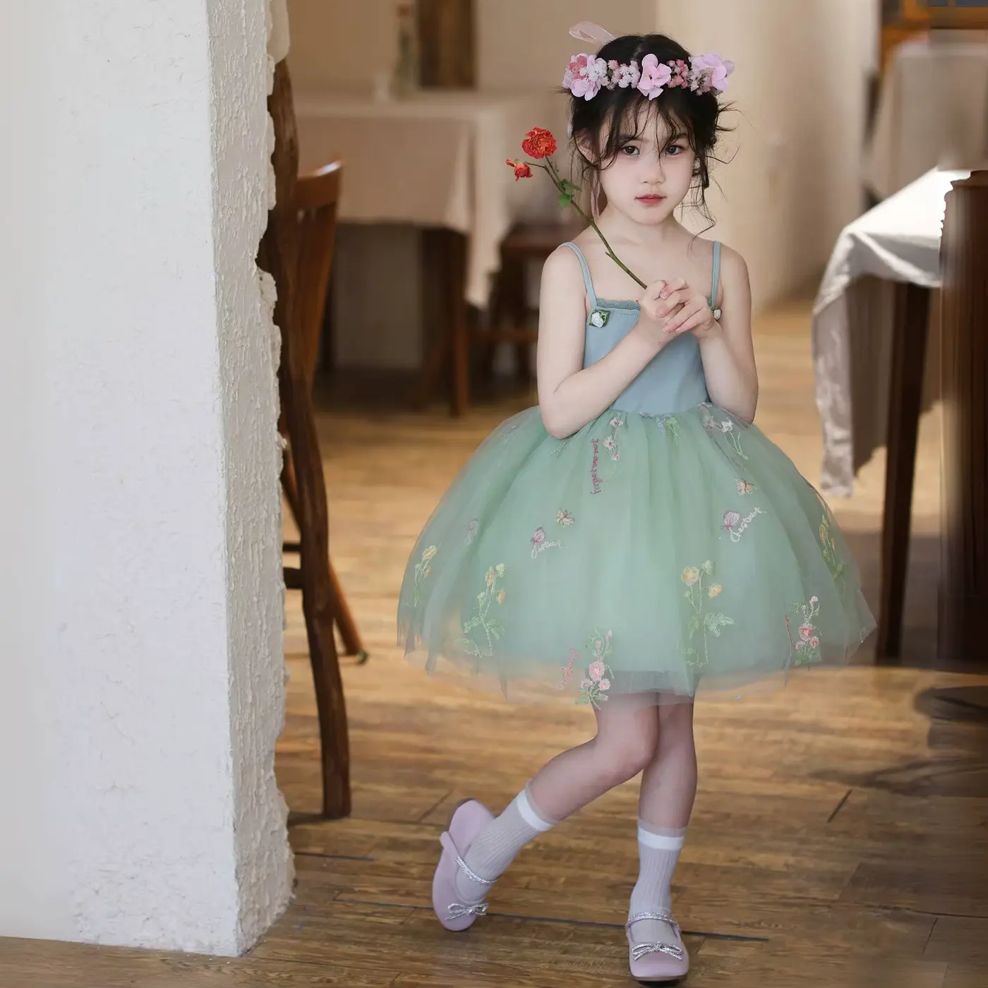 Girls Princess Dress Outfit Floral Embroidery Tulle Sage Green Wholesale product image 2