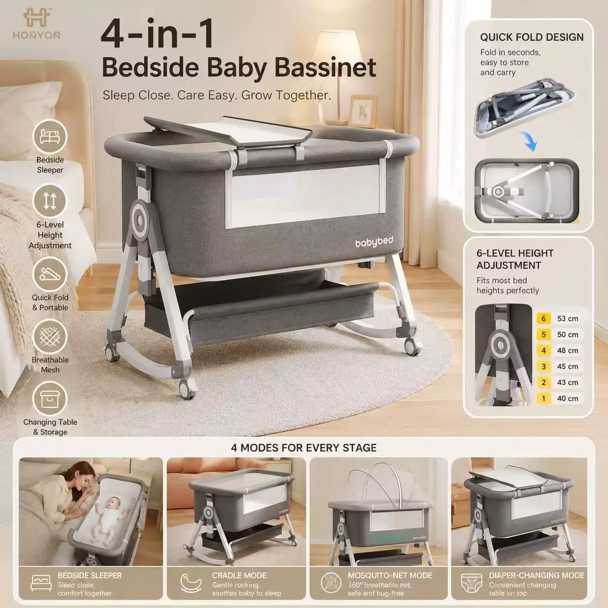 BED Foldable Mobile Bassinet Portable Multifunctional Newborn Side Sleeper Wholesale