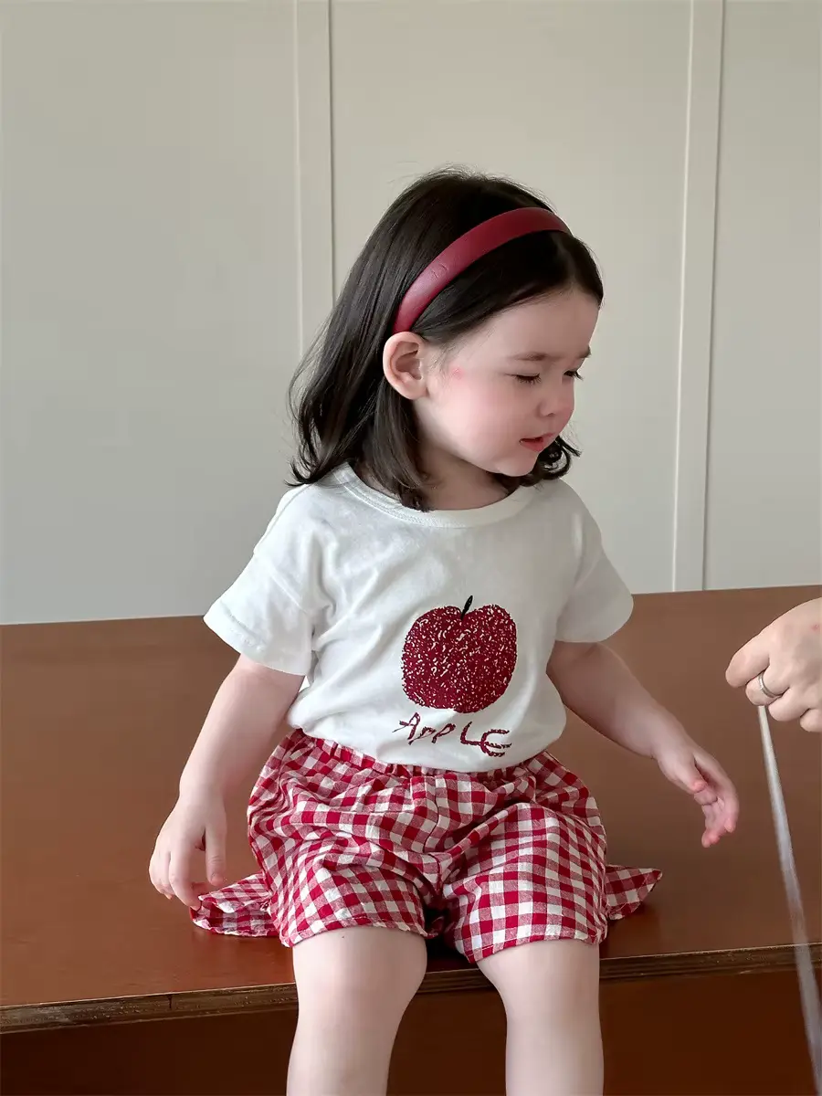 Girls Cotton Shorts SET Clothing 2-piece 100 Anti-bacterial Plaid Wholesale