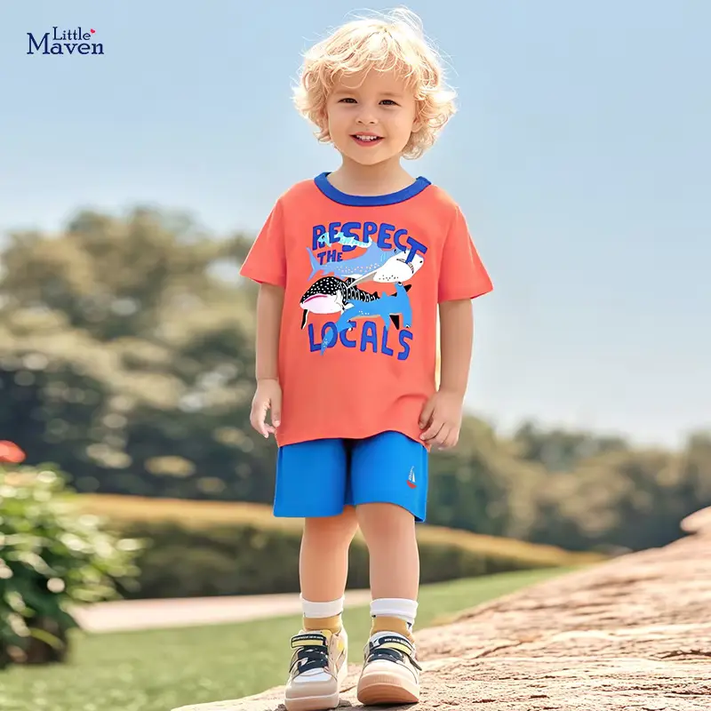 Cotton Cartoon Printed Suit Garment Dyed BOY Round Neck Clothing Wholesale