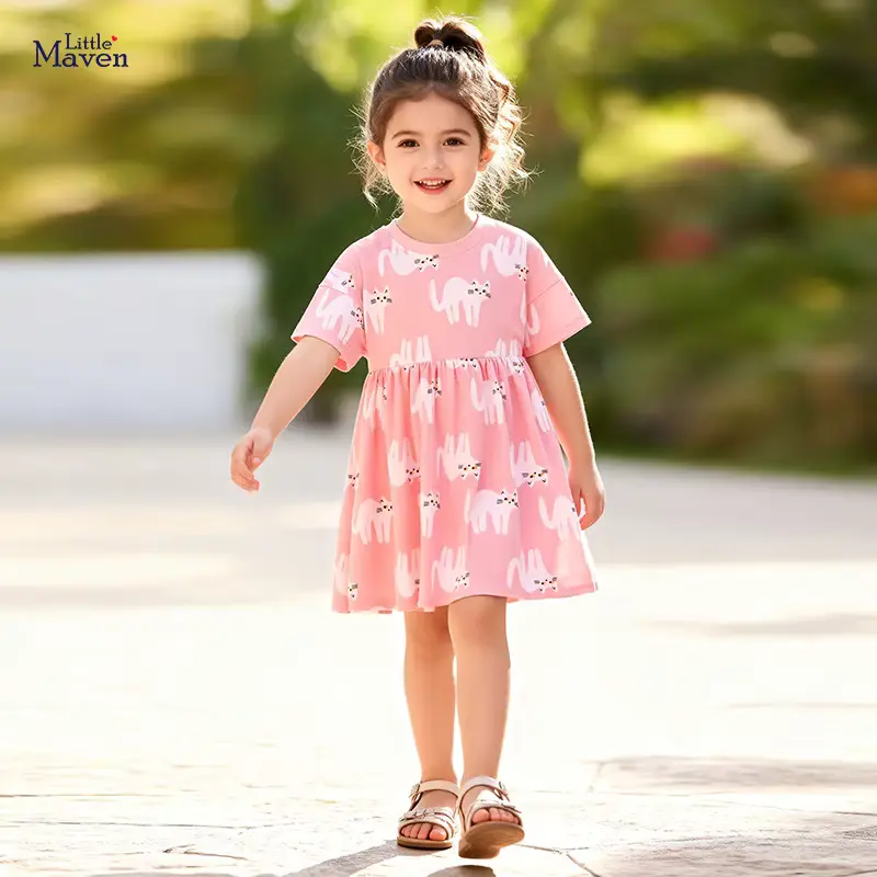 Girls Cotton Cartoon Print Animal Dress Short-sleeved Sheath FOR Wholesale