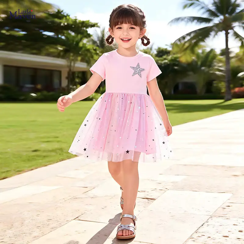 Girls Cotton Mesh Princess Dress Short Sleeve Star Pattern Wholesale product image 1