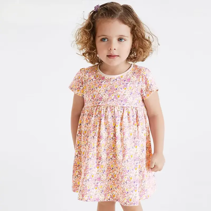 Girls Cotton Princess Dress Sweet Floral Knee-length Short Sleeves Wholesale