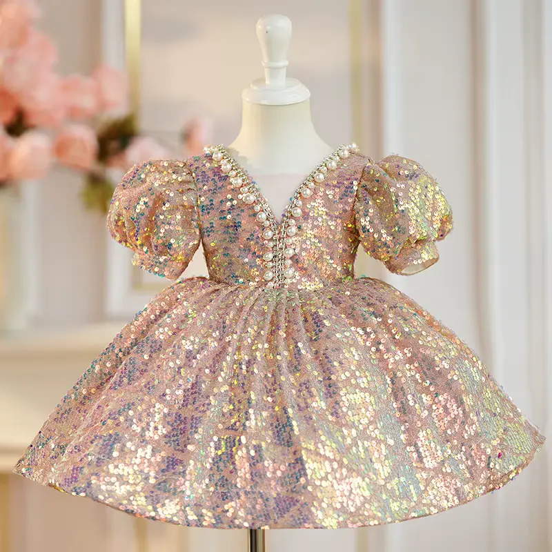Girls Princess High Quality Knitted O-neck Sequined Floor-length Ball OEM Wholesale