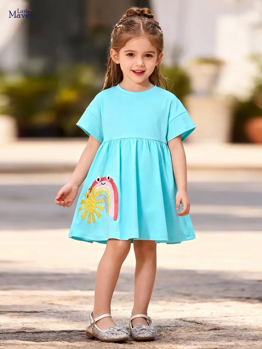 Girls Cotton Rabbit 100 Straight Sweet Floral O-neck Dresses Clothing Wholesale