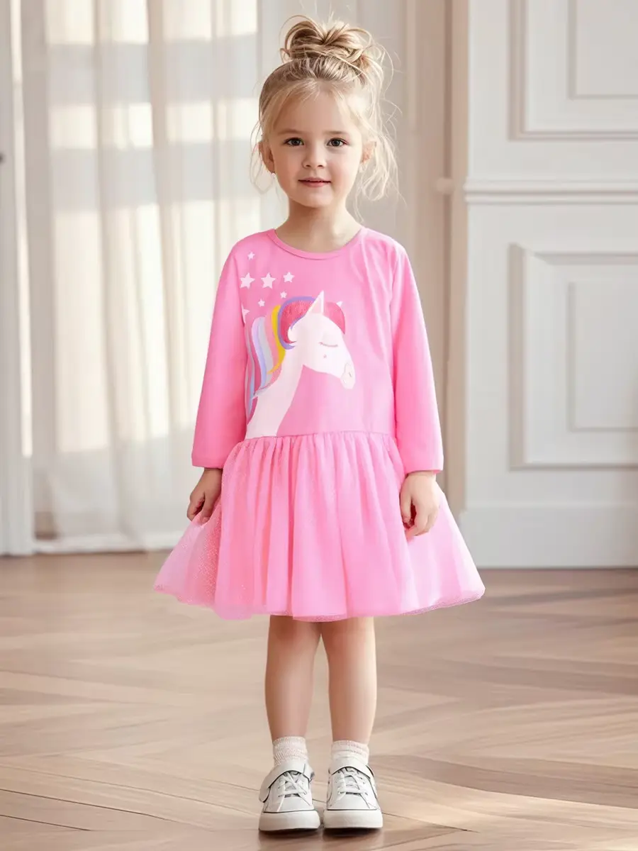 Girls Cotton Cartoon Animal Dress Toddler Tulle Knee-length Long Wholesale