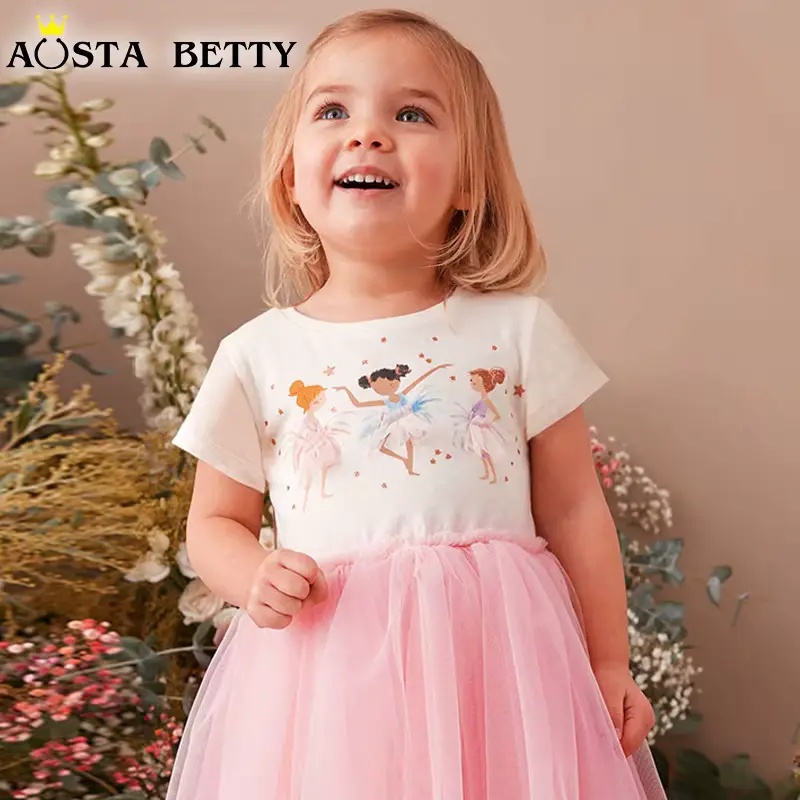 Girls Cotton Mesh Cartoon Printed Princess Dress Sweet Lace Wholesale
