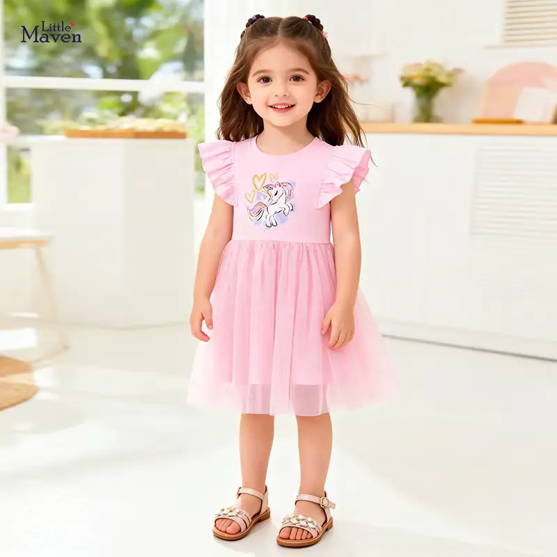 Girls Cotton Cartoon Printed Dress Tulle FOR O-neck Collar Wholesale