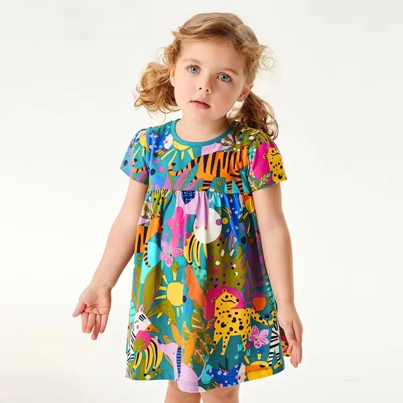Girls Cotton Cartoon Print Animal Princess Dress Sweet Neck Wholesale
